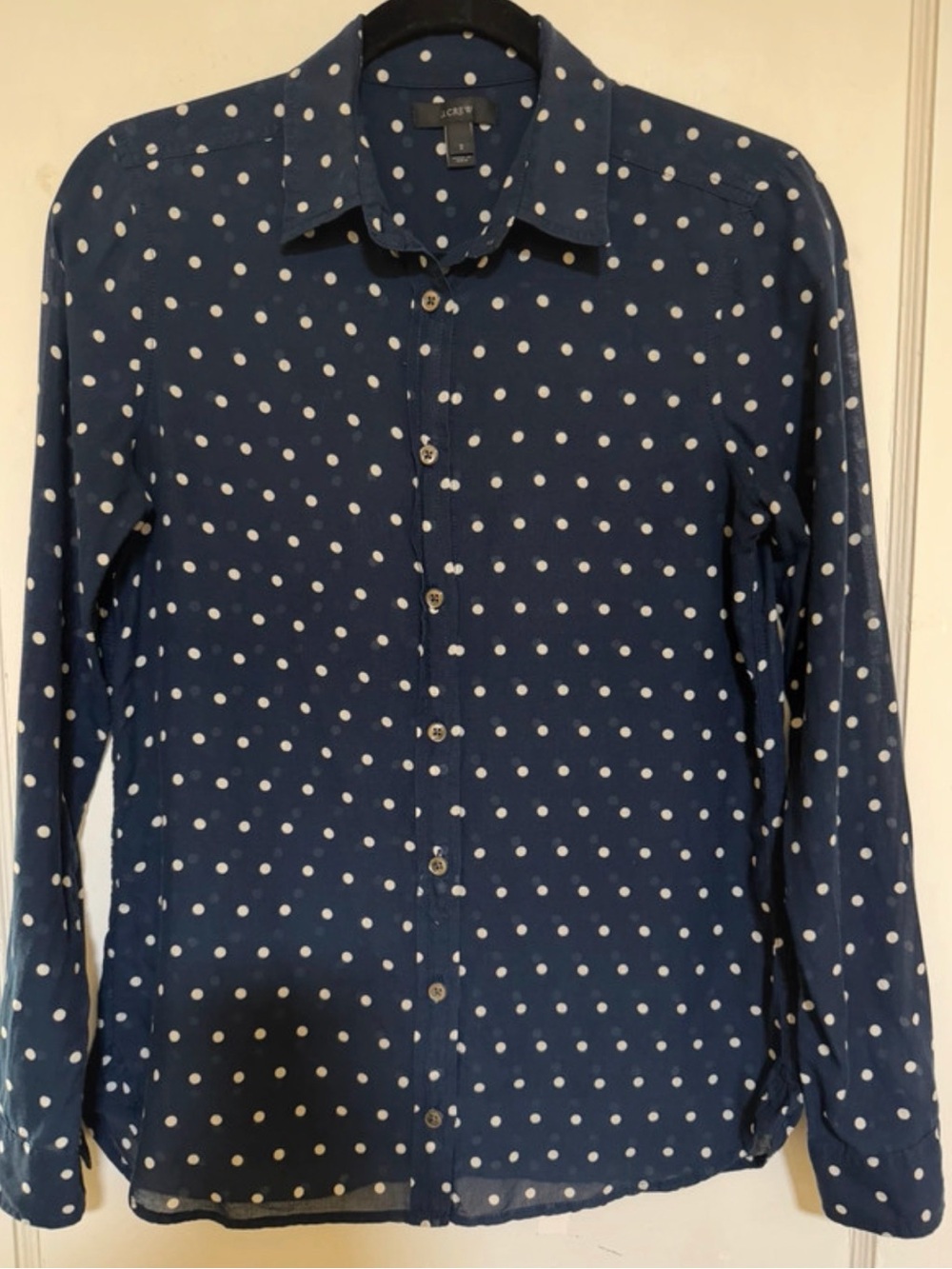 J. Crew Navy Blue Shirt with White Polka Dots